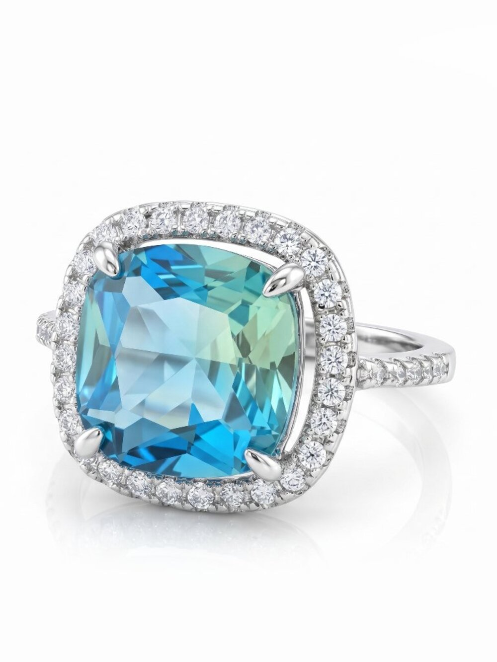 Blue and Teal Aquamarine cushion square Gemstone ring, 925 Sterling Silver